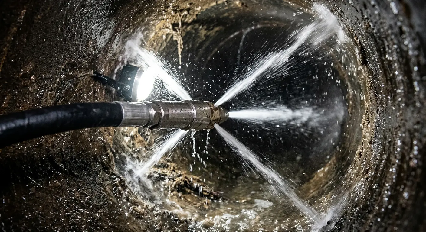 High-pressure hydro jetting nozzle cleaning sewer pipe for Trenchless Sewer Repair in Elfers