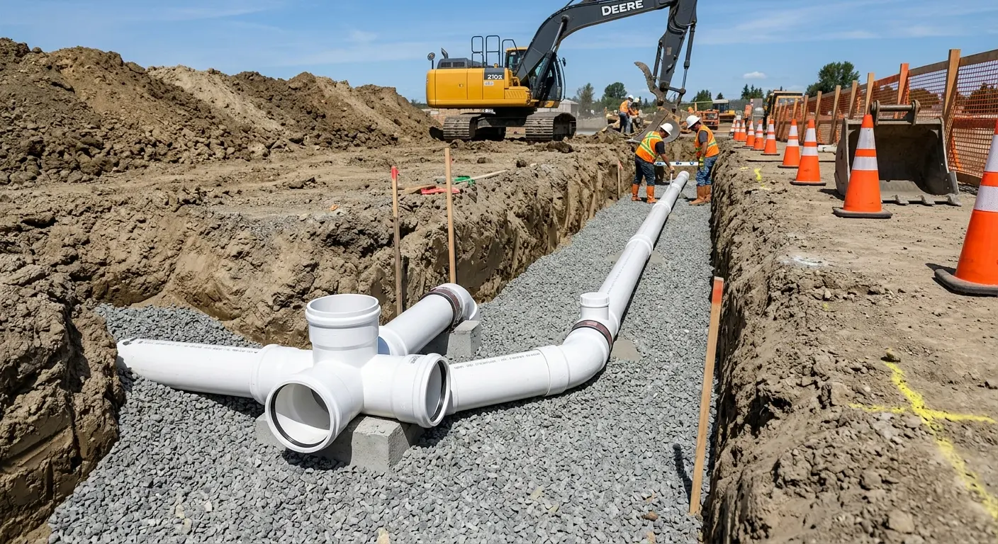 New PVC sewer pipe installation in open trench for Sewer Backup in Elfers