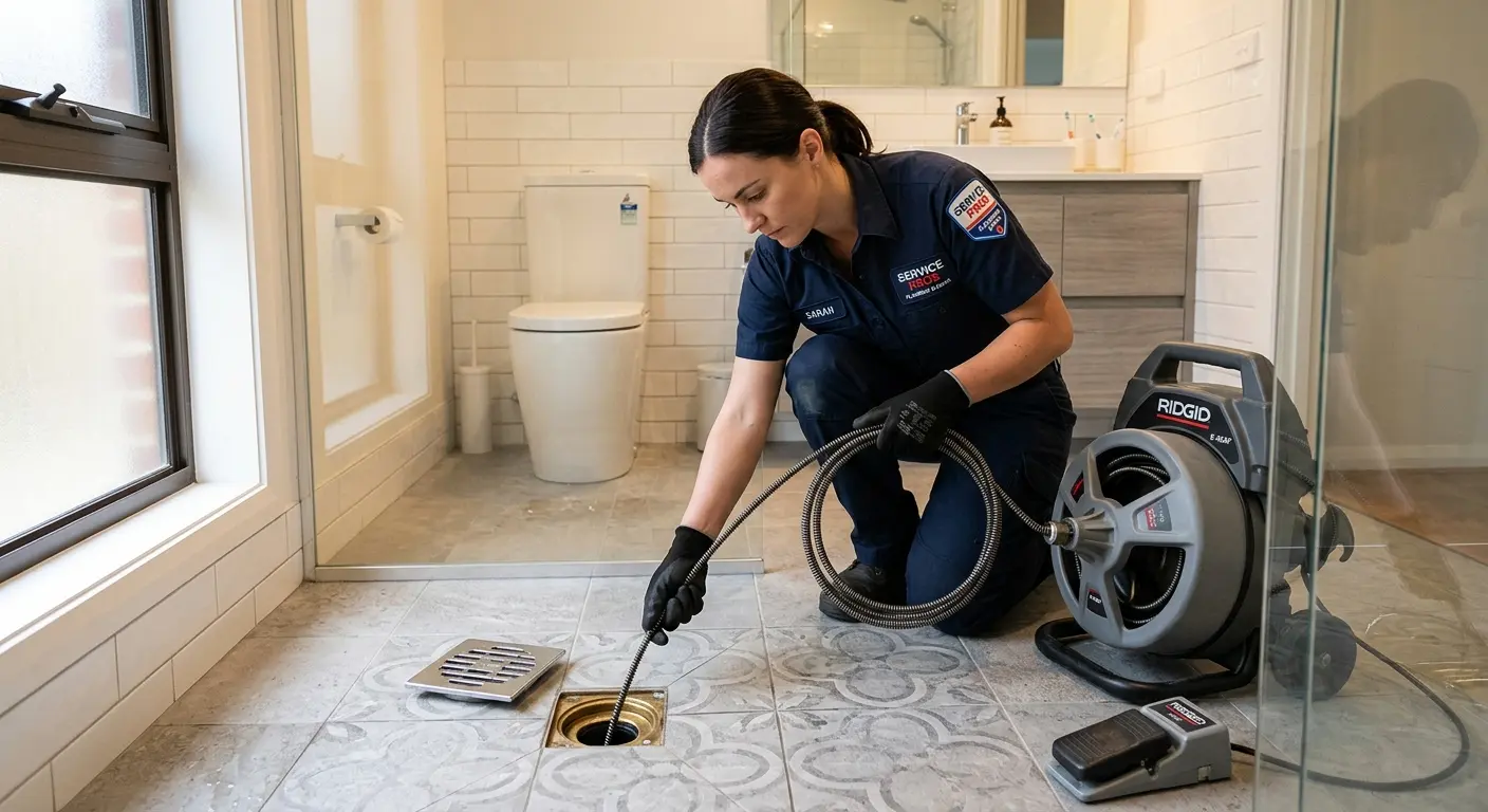 Technician clearing a bathroom floor drain for Sewer Line Replacement in Elfers